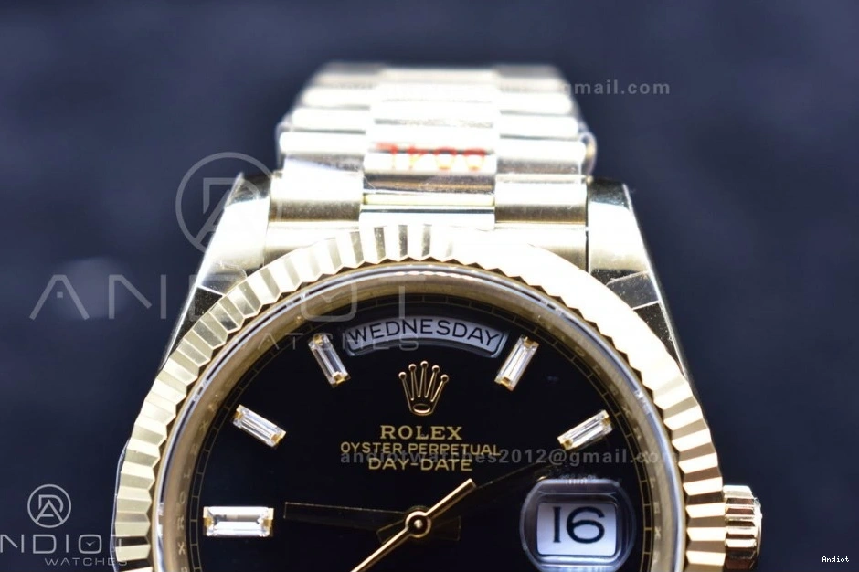 Plated Markers A2836 Crystal 904L Black Dial 40 GMF Bracelet President On YG DayDate Steel V2 0123